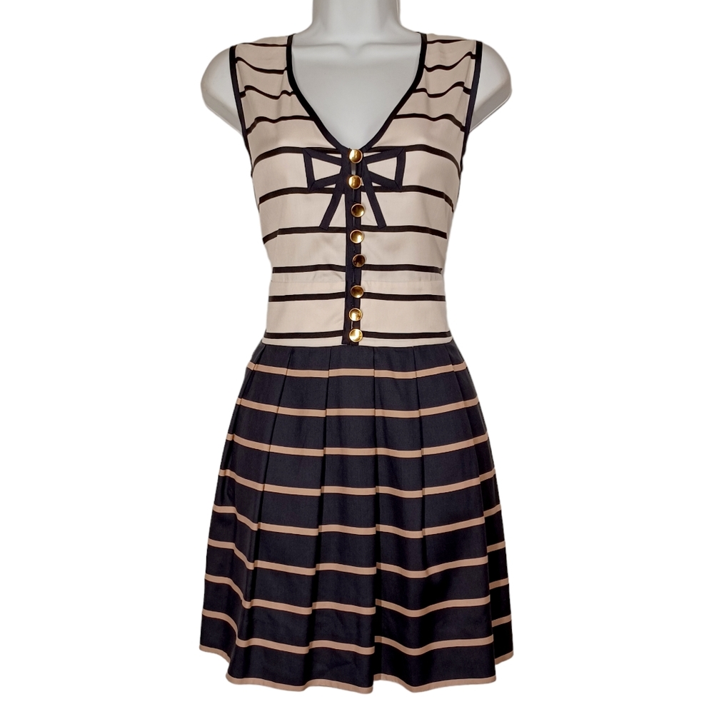 MARC BY MARC JACOBS Navy Blue Cream Stripe Nautical Gold Button Bow Dress M 8